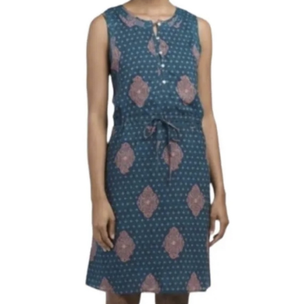 Lucky Brand Tank Dress Drawstring Waist Button Front Medallion Print Blue Pink S